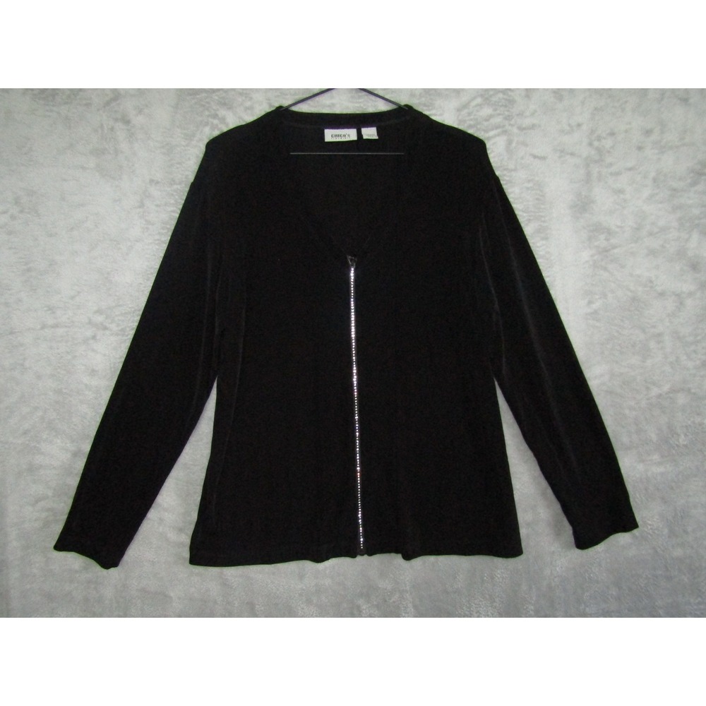 Chicos Travelers Black Velvet Zippered Long‎ Sleeve Cardigan Jacket Size 2
